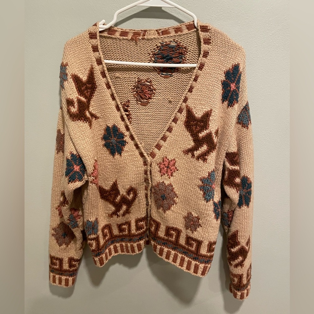 Handmade Knit Sweater Cardigan Tan Multicolor Cat Pattern Size Medium